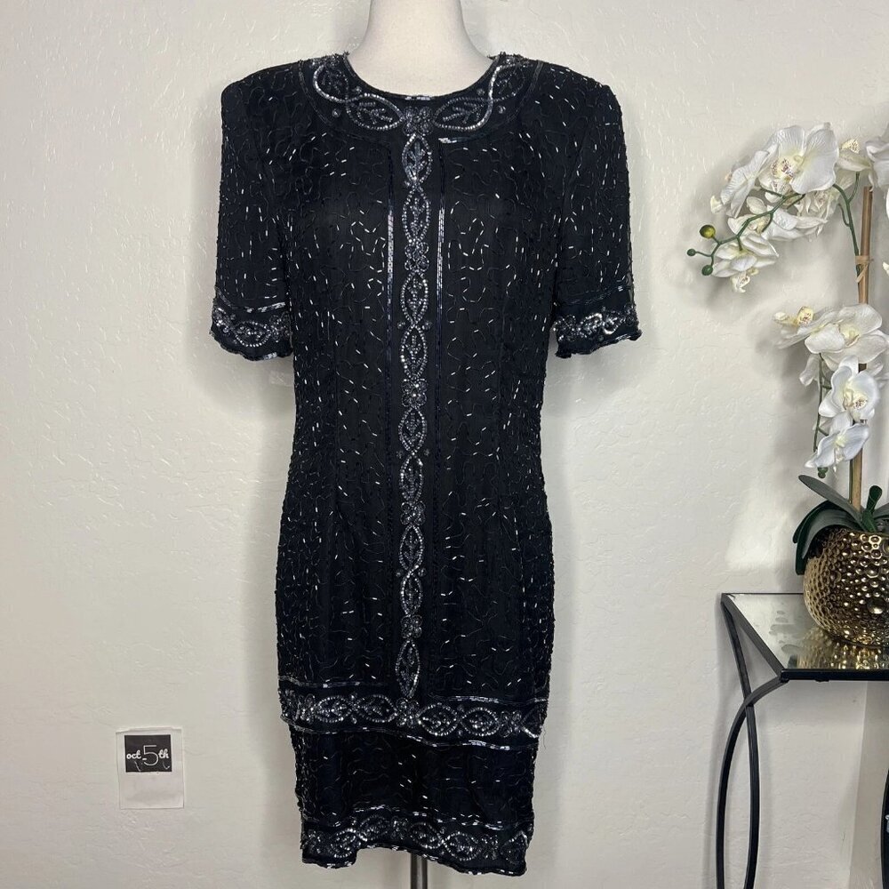 Vintage Stenay All Over Beaded Formal Black Silk Short Sleeve XL